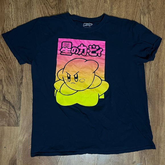 Kirby angry face pink, yellow, navy blue shirt. Men’s size L - Picture 1 of 4